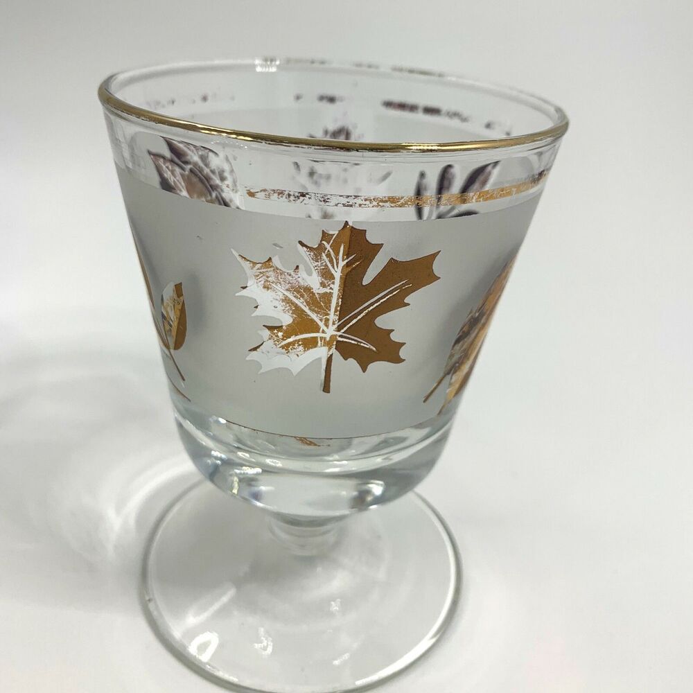 Lot 3 MCM Libby Golden Foliage Footed Rocks Glasses Autumn Leaf Vintage Barware - Picture 4 of 5